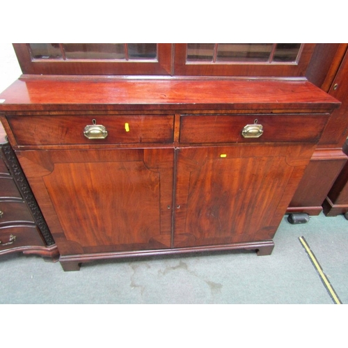 654 - LATE GEORGIAN  CUPBOARD BASE BOOKCASE, inlaid mahogany twin cupboard base 2 frieze drawers and glaze... 
