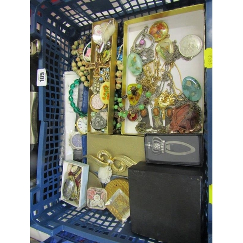 105 - COSTUME JEWELLERY, large selection of empty jewellery boxes, pendants, chains, crosses, beads, watch... 