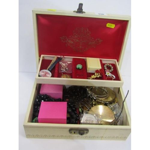 110 - COSTUME JEWELLERY, box containing selection of yellow and white metal chains, rings, beads, watches,... 