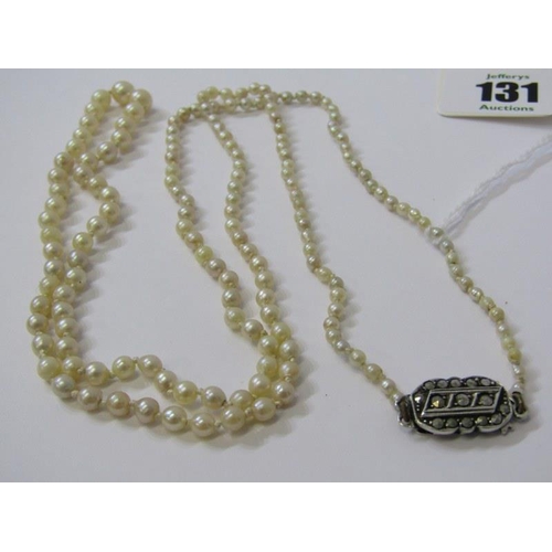 131 - PEARL NECKLACE, graduated pearl necklace on silver and marcasite clasp