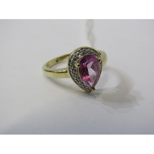 132 - 9ct YELLOW GOLD PINK TOPAZ & DIAMOND RING, principal oval cut pink topaz surrounded by accent brilli... 