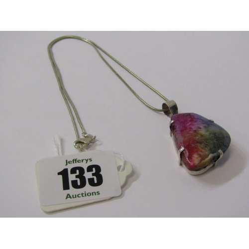 133 - SILVER & MULTI COLOURED STONE PENDANT on silver snake necklace
