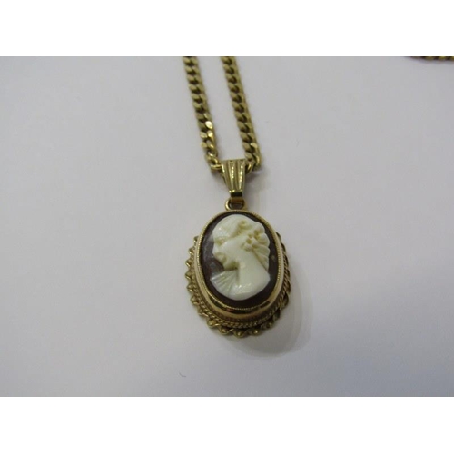 135 - 9ct YELLOW GOLD CURB LINK NECKLACE with 9ct yellow gold shell cameo pendant, combined weight 8 grams