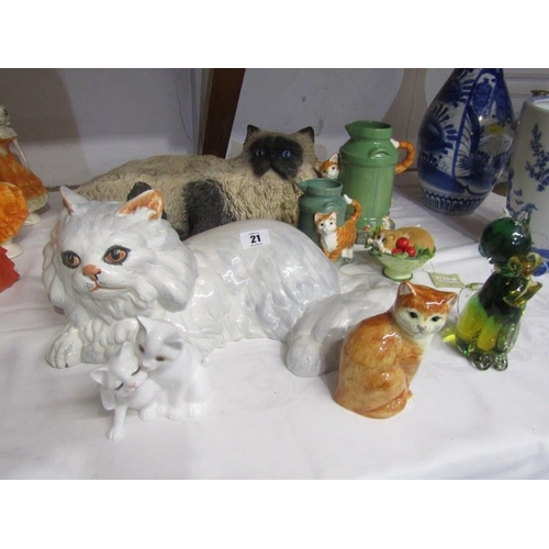 21 - CATS, glass cat paperweight, James Herriot 2 graduated jugs, Royal Osborne cat group and other cat f... 