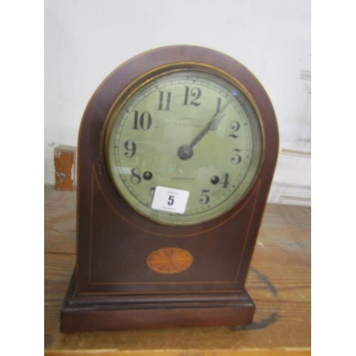 5 - EDWARDIAN MANTEL CLOCK, inlaid mahogany domed top mantel clock by E. C. Kemp (no pendulum) 12