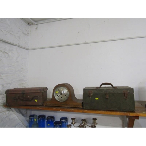 6 - LUGGAGE, 2 vintage cases and oak domed top mantel clock