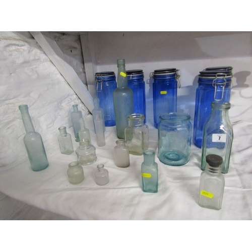 7 - VINTAGE BOTTLES, collection of assorted early bottles, together with 5 blue glass storage jars