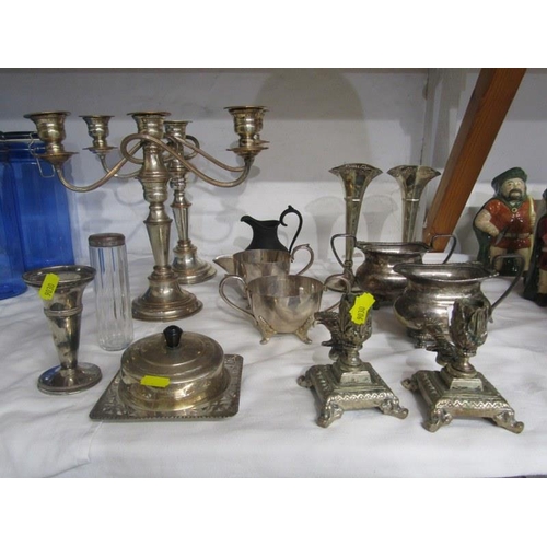 8 - SILVER PLATE, pair of plated candelabra, Regency design cream jug and sucrier and other plated ware