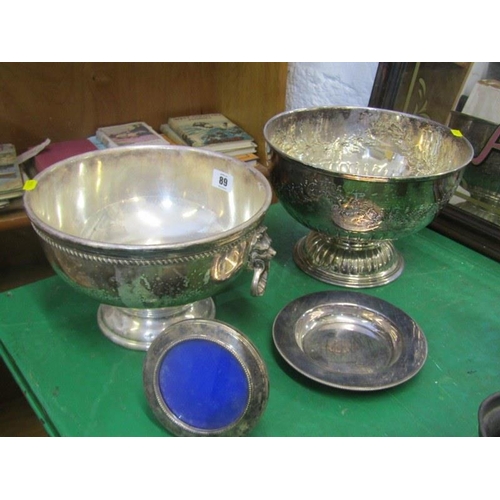 89 - SILVERPLATE, 2 plated punch bowls, circular framed easel mirror and small dish
