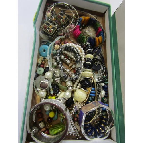 94 - COSTUME JEWELLERY, shelf of costume jewellery, various items including faux pearls, bangles, earring... 