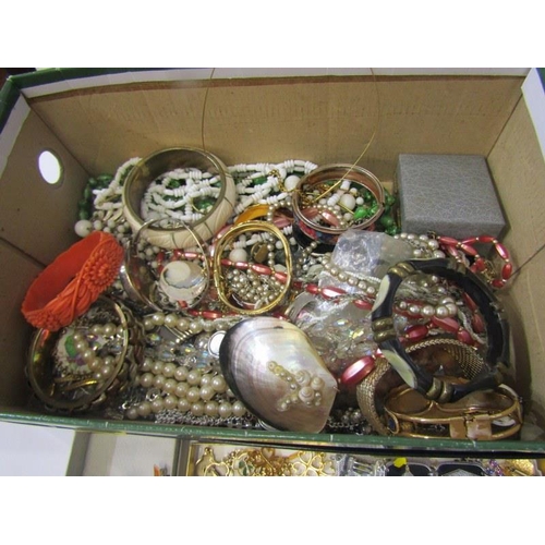 96 - COSTUME JEWELLERY, shelf of costume including bangles, necklaces, beads, fobs, cuff links, etc