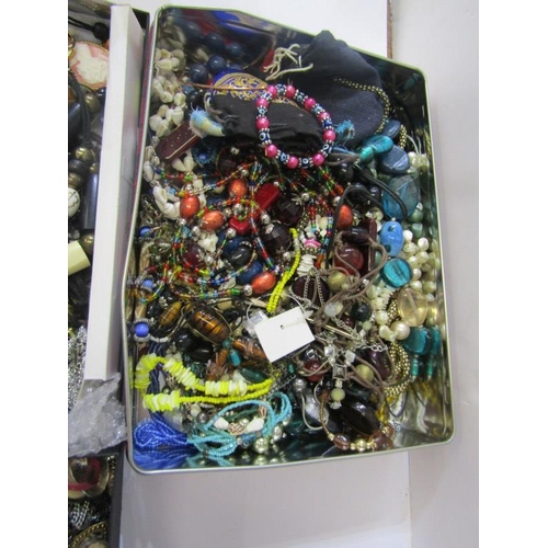 98 - COSTUME JEWELLERY, shelf containing large selection of costume jewellery including faux pearl neckla... 