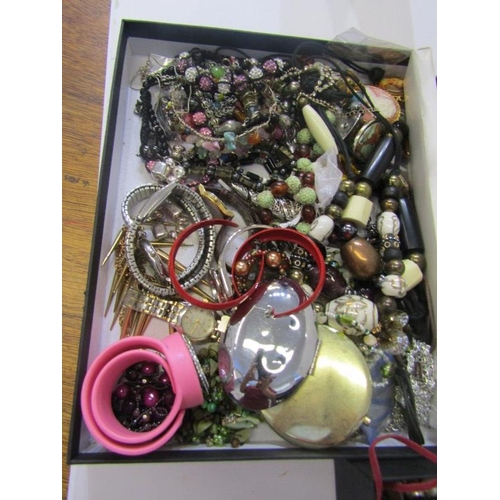 98 - COSTUME JEWELLERY, shelf containing large selection of costume jewellery including faux pearl neckla... 