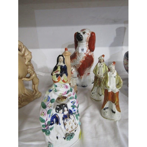 12 - STAFFORDSHIRE POTTERY, group of 5 19th Century Staffordshire figures including seated Spaniel, Girl ... 