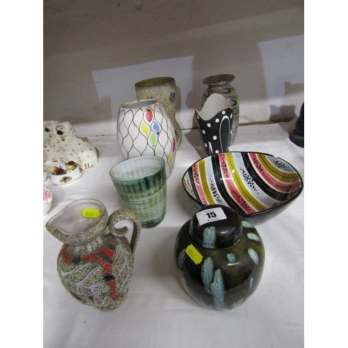 15 - RETRO, collection of 8 pieces of mainly European retro pottery and glass lustre vase