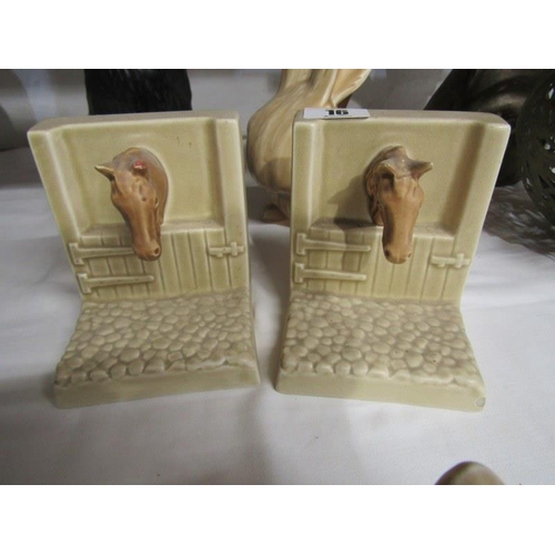 16 - SYLVAC, pair of brown glazed horse stable book ends (1 with ear chip), also brown glazed Rabbit, mod... 