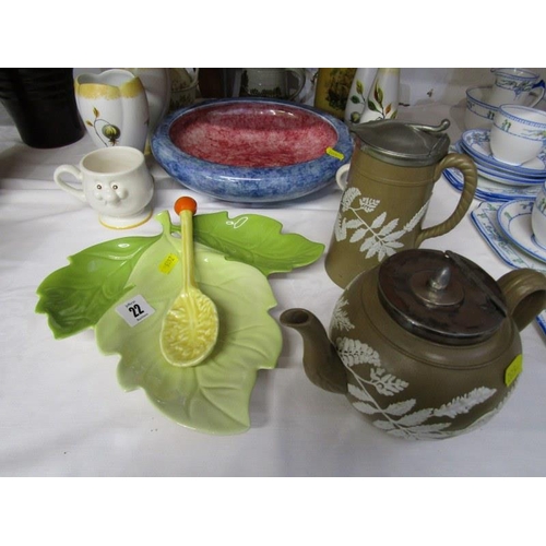 22 - DUDSON STONEWARE TEA POT & JUG, also Grimwades blue lustre fruit bowl, Carlton leaf shaped serving d... 