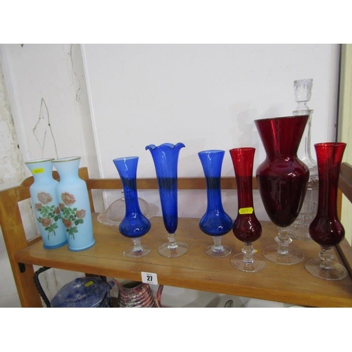 27 - COLOURED GLASS, Victorian pressed glass muffin dish, ruby and blue glass vases, etc