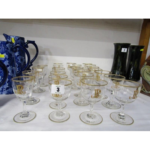 3 - ANTIQUE GLASSWARE, set of graduated gilt rimmed and monogrammed glass tableware