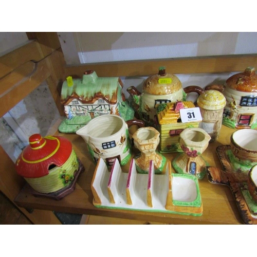 31 - COTTAGE TEAWARE, 2 sets of egg cup cottage design stands, similar condiments and other tableware