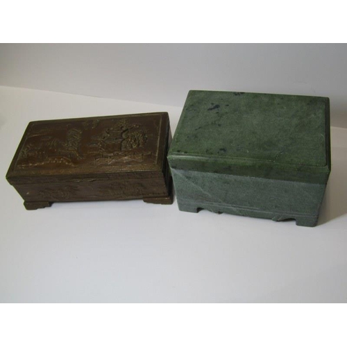 310 - ORIENTAL ARTIFACTS, carved soapstone rectangular jewel box, also relief metal decorative cigarette b... 