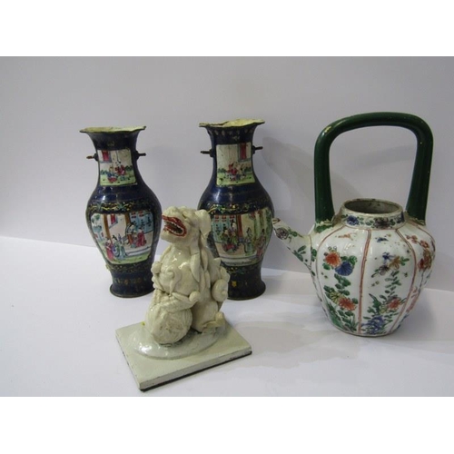 317 - ORIENTAL CERAMICS, famille verte tea kettle a/f, also blanc de chine temple dog and pair of enamelle... 
