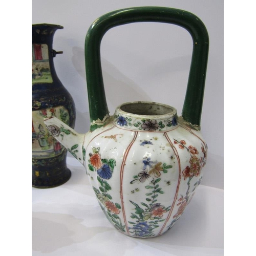 317 - ORIENTAL CERAMICS, famille verte tea kettle a/f, also blanc de chine temple dog and pair of enamelle... 