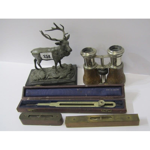 334 - PLATED STAG PAPERWEIGHT, 2 small spirit levels, opera glasses, etc