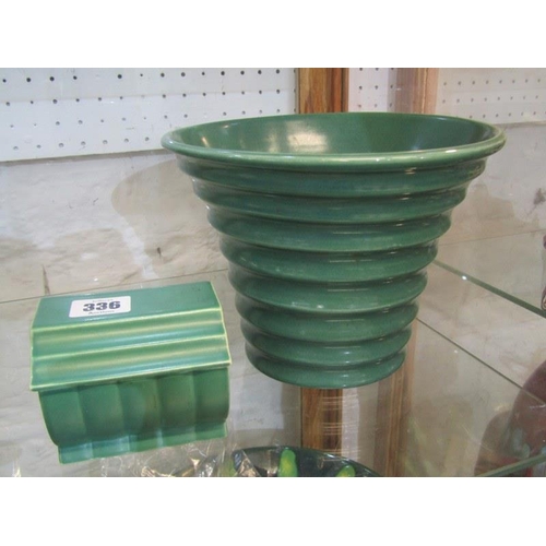 336 - KEITH MURRAY, green glazed Wedgwood rectangular lidded jar, also similar design 6