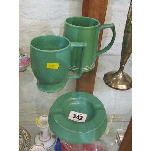 342 - KEITH MURRAY, green glazed Wedgwood ash tray and 2 mugs