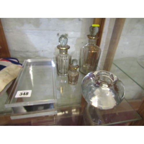 348 - GLASSWARE, 3 gilded graduated decanters, glass spherical vase and rectangular cigarette box