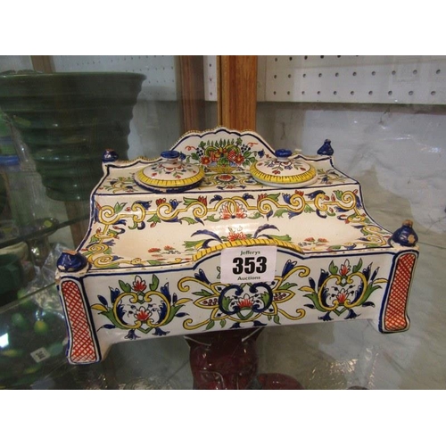 353 - FAIENCE STANDISH, tabletop floral decorated standish is style of Rouen (some minor damage) 8