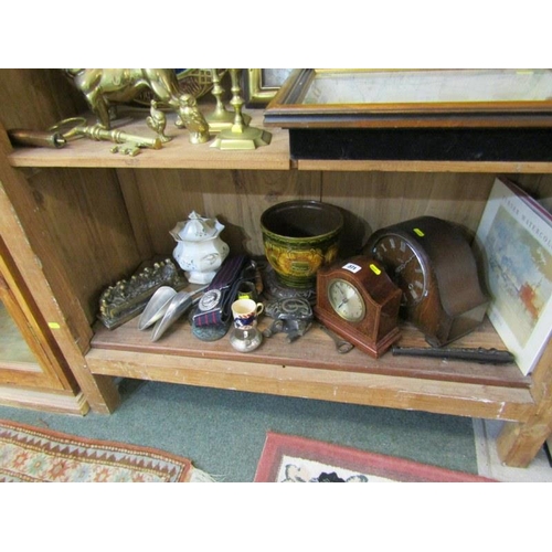 371 - EDWARDIAN INLAID MANTEL CLOCK, Royal Army Ordnance Corps belt and contents of shelf