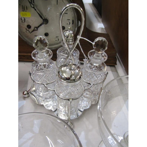 402 - ETCHED GLASS CREAM DISH & JUG, condiment set and other glassware