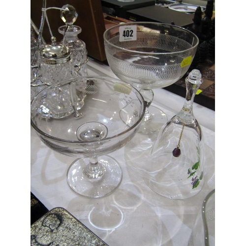 402 - ETCHED GLASS CREAM DISH & JUG, condiment set and other glassware