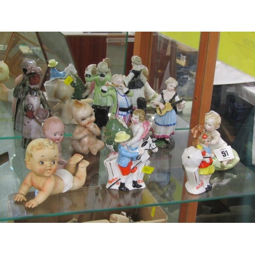 51 - CAPODIMONTE, figure of Boy with Dachshund, also German porcelain Musicians and 7 other figures