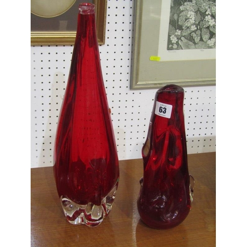 63 - RETRO GLASS, ruby glass sculptured vase and 1 other