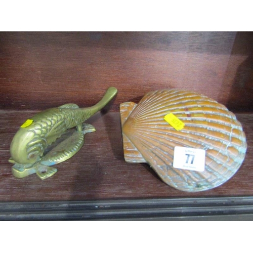 77 - METALWARE, brass Fish door knocker and copper scallop shell door knocker