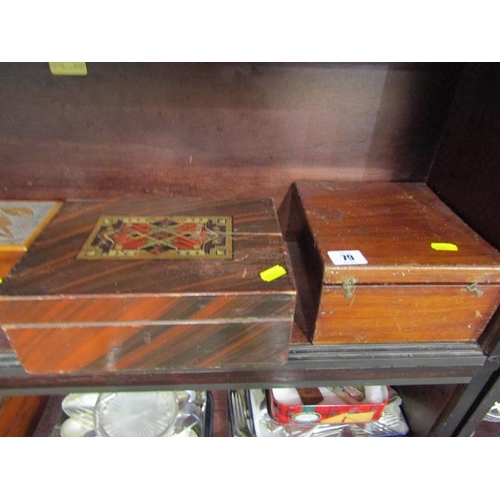 79 - TREEN, poppy carved glove box, 2 painted needlework boxes and 1 other