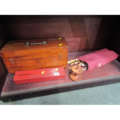 82 - KNITTING NEEDLES, including mahogany storage box and bobbin stand