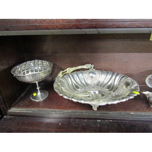 87 - SILVERPLATE, swing handle cake basket, comport and contents of shelf