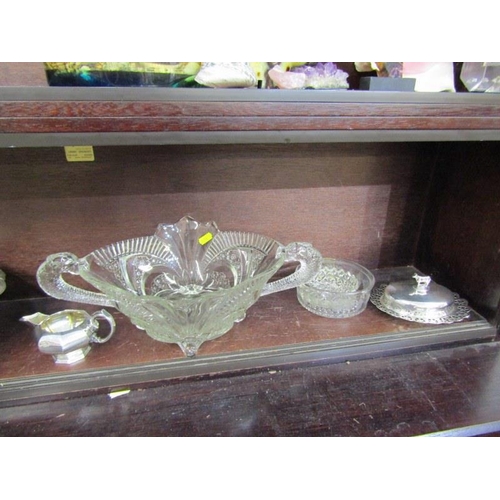 87 - SILVERPLATE, swing handle cake basket, comport and contents of shelf