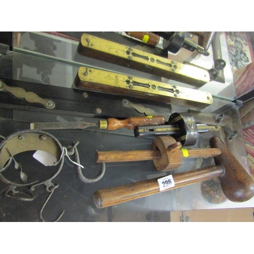 296 - ANTIQUE TOOLS, brass mounted spirit level by Rabone, early beam balance and ebony scribe