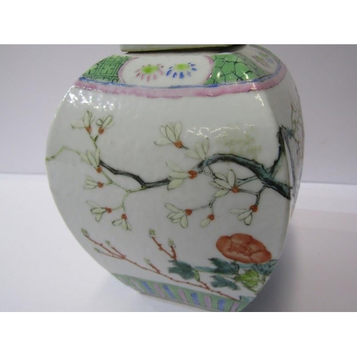 36 - ORIENTAL CERAMICS, 19th Century Famille Rose square base tea caddy and lid decorated with blossoming... 