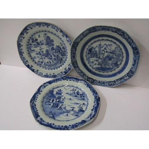 37 - COLLECTION OF 3 CHINESE UNDERGLAZE BLUE dessert plates with riverscape dwelling designs, (some minor... 