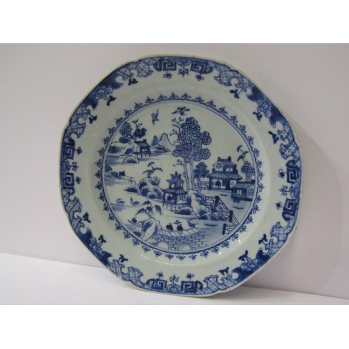37 - COLLECTION OF 3 CHINESE UNDERGLAZE BLUE dessert plates with riverscape dwelling designs, (some minor... 