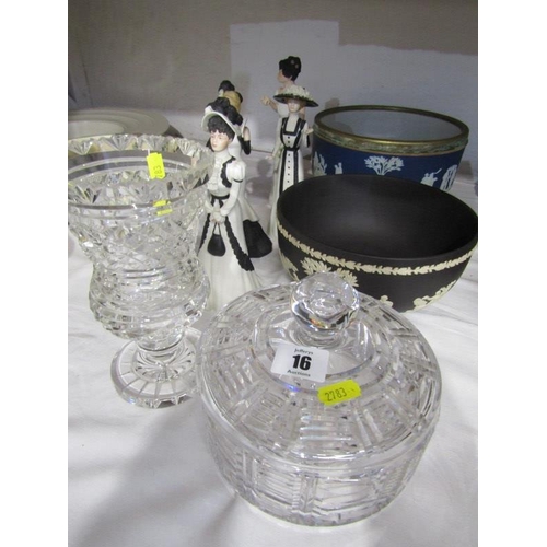 16 - WEDGWOOD JASPERWARE FRUIT BOWL and Basalt bowl, quality cut glass lidded bowl and vase, together wit... 