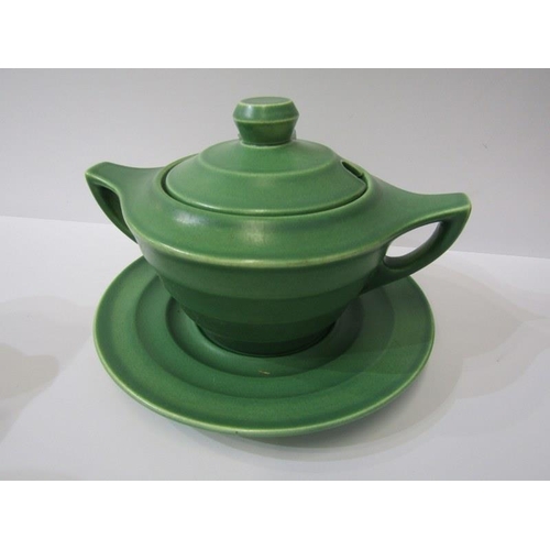 22 - KEITH MURRAY - STYLE WEDGWOOD, matt green dinner ware of glazed tureen, 11 soup bowls, 12 saucers, e... 