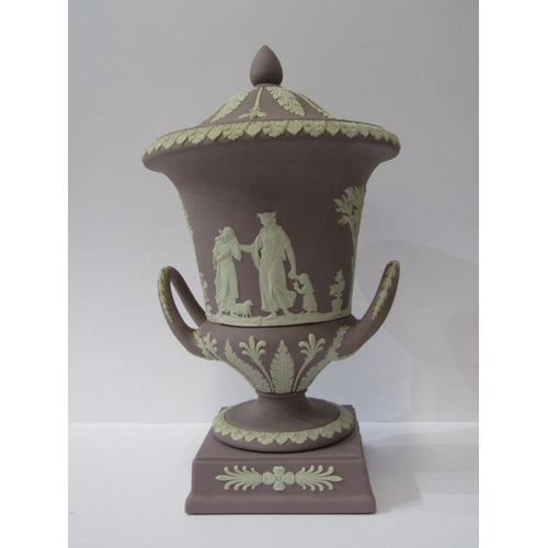 29 - WEDGWOOD JASPERWARE, lilac ground square base campana lidded vase, 12