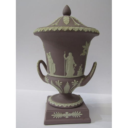 29 - WEDGWOOD JASPERWARE, lilac ground square base campana lidded vase, 12